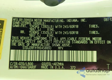 2017 Toyota Highlander Xle z USA, uszkodzony, nr VIN 5TDJZRFH1HS458893